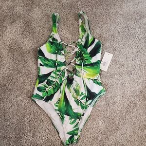 New Tropical Green Leaf Print One Piece Swimsuit